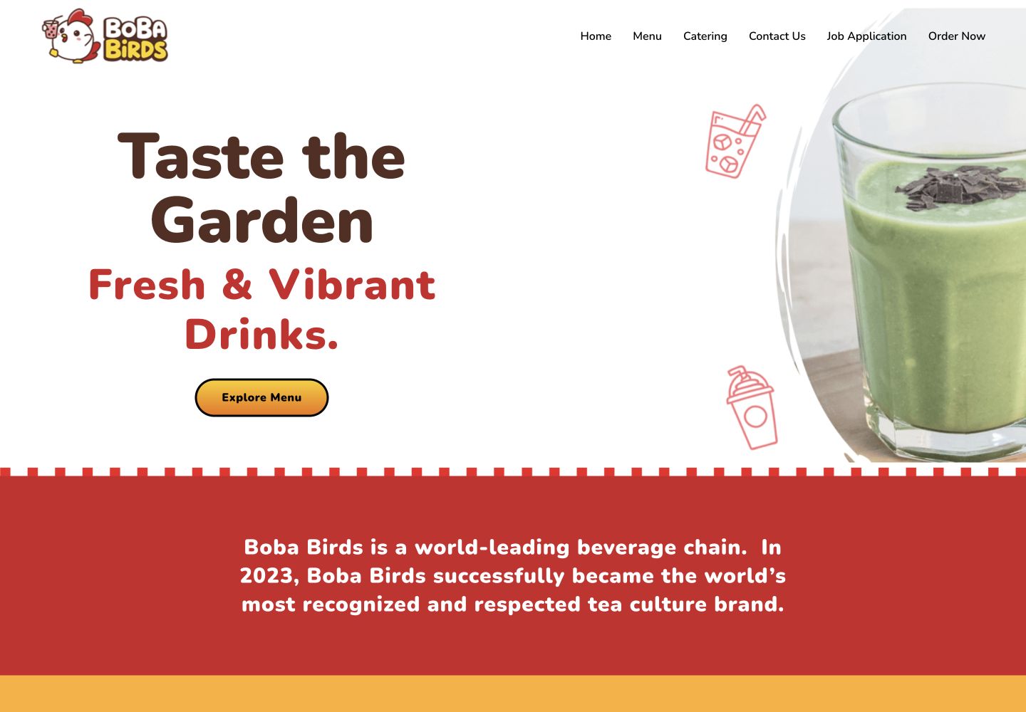 Boba Birds desktop website layout