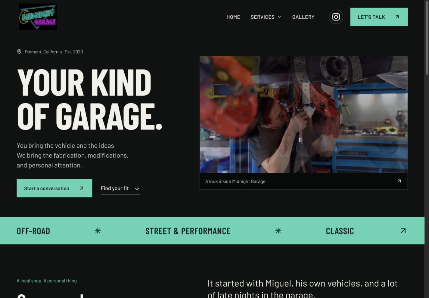 Midnight Garage desktop website layout