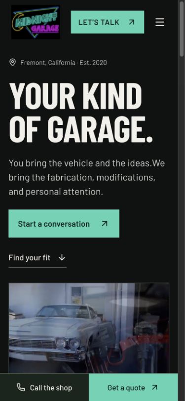 Midnight Garage mobile website layout